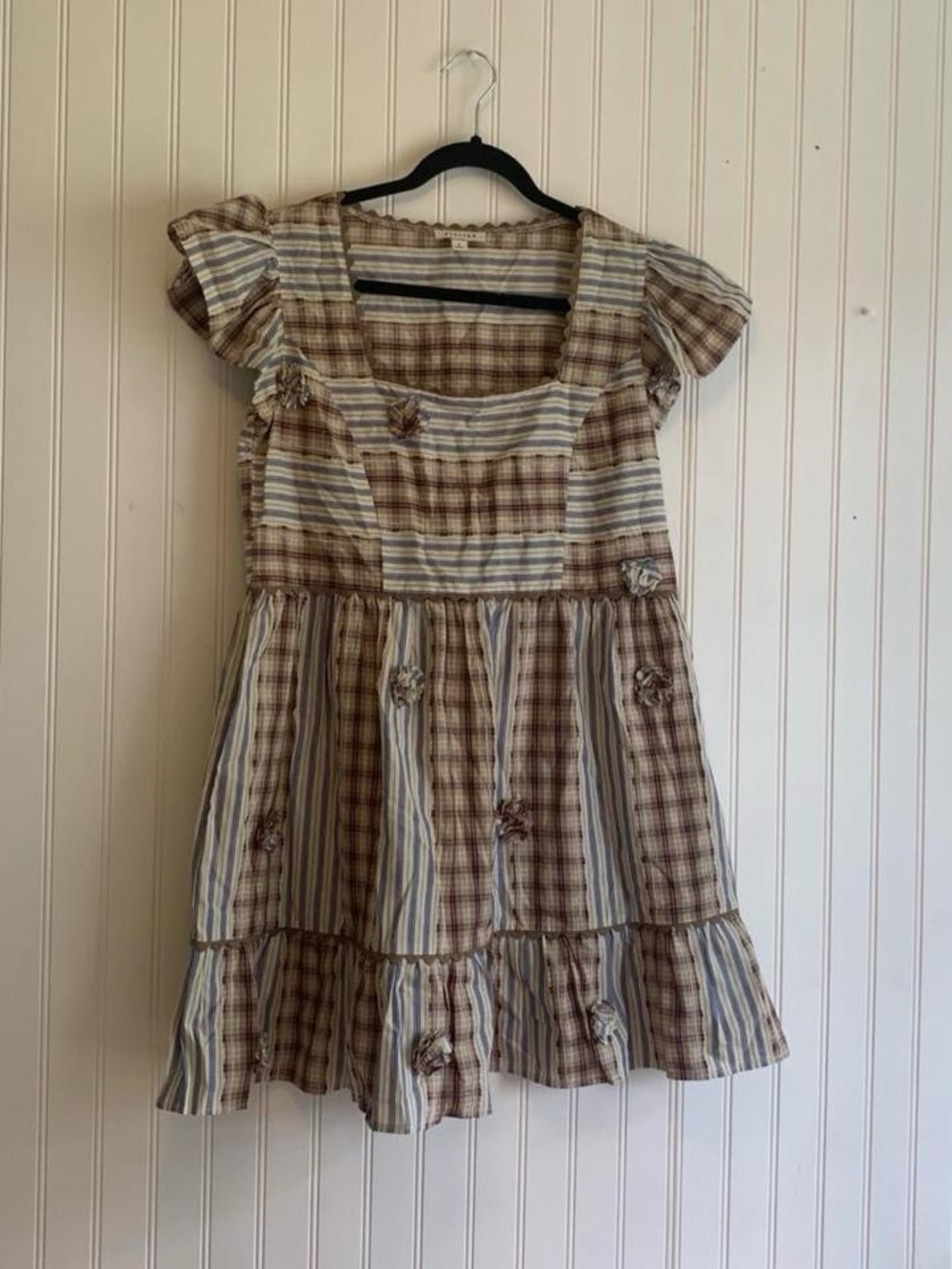 Stellah Brown & Cream Plaid Tiered Cotton Dress